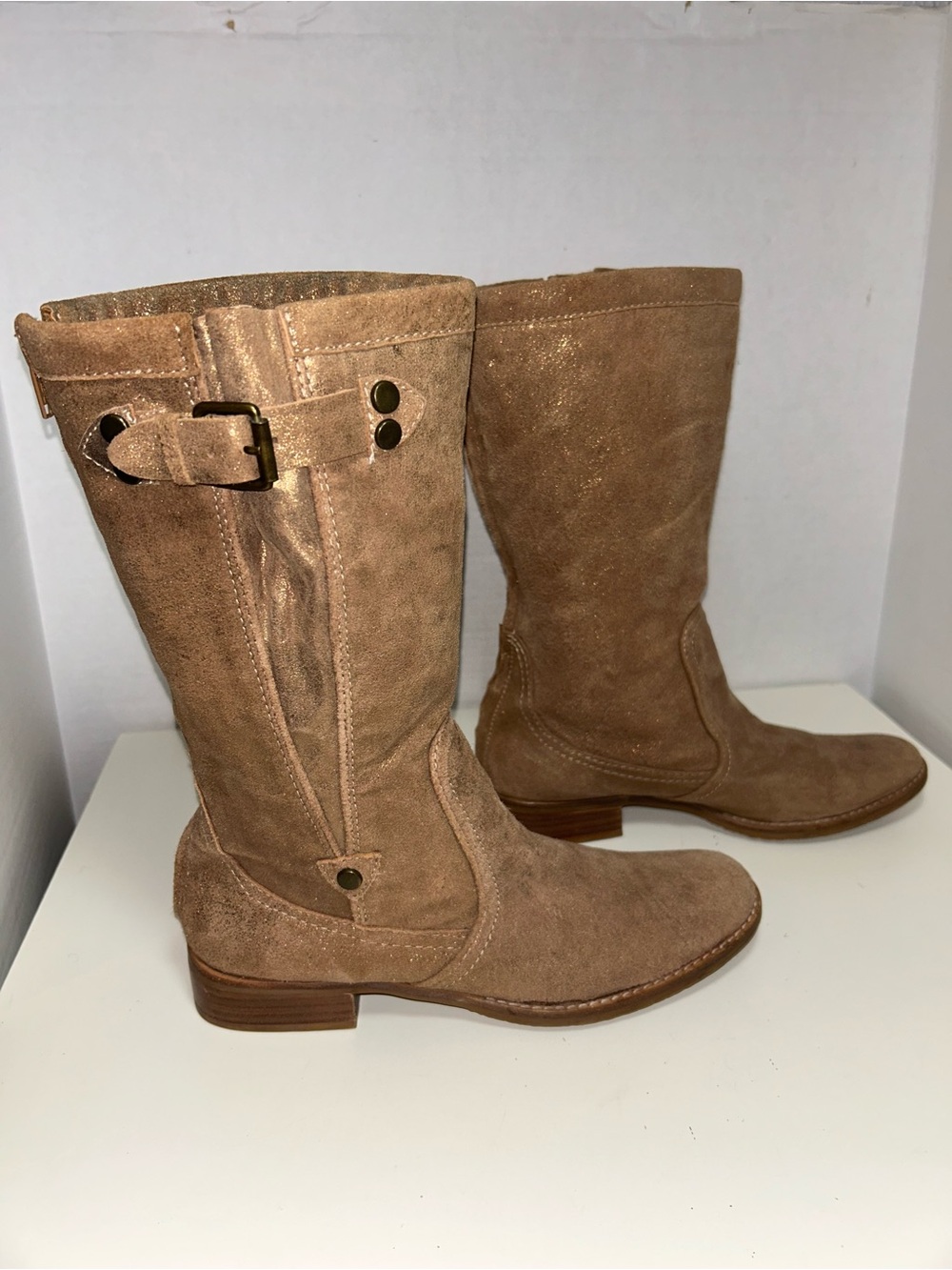 Matisse Penrose Brown Metallic Gold Suede Rear Zip Mid Calf Boot